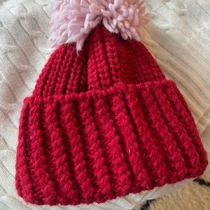 Sandro, knitted red and pink Pom Pom hat